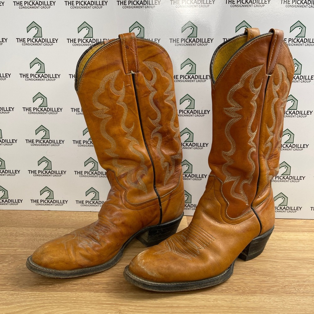 Vintage Tan Leather Western Cowboy Boots Mens 9 D Stitched Pointed Toe